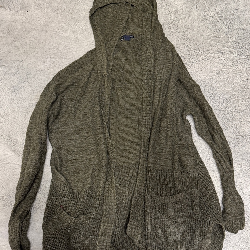 American Eagle Outfitters Olive Hooded Open Cardigan